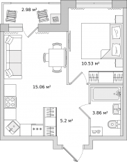 ЖК «Город Первых», планировка 1-комнатной квартиры, 34.90 м²