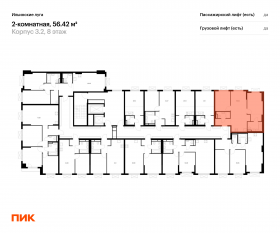 ЖК «Ильинские луга», планировка 2-комнатной квартиры, 56.42 м²