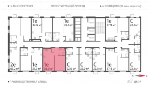 ЖК «Лучи», планировка 1-комнатной квартиры, 38.00 м²
