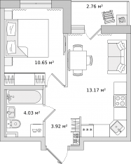 ЖК ЦДС «Новые Горизонты», планировка 1-комнатной квартиры, 32.10 м²