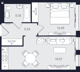 МФК «Про.Молодость (Апартаменты Про.Молодость)», планировка 2-комнатной квартиры, 42.67 м²