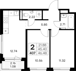 ЖК «GloraX Новоселье», планировка 2-комнатной квартиры, 46.48 м²