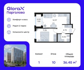ЖК «GloraX Парголово», планировка 1-комнатной квартиры, 36.45 м²