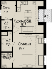 ЖК «Meltzer Hall», планировка 1-комнатной квартиры, 61.60 м²