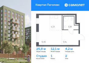 ЖК «Квартал Лаголово», планировка студии, 25.80 м²