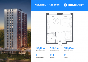 ЖК «Ольховый Квартал», планировка 1-комнатной квартиры, 31.60 м²