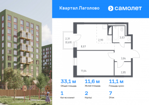 ЖК «Квартал Лаголово», планировка 1-комнатной квартиры, 33.11 м²