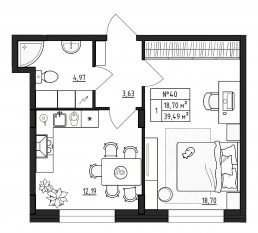 МЖК «Верево-Сити», планировка 1-комнатной квартиры, 39.49 м²