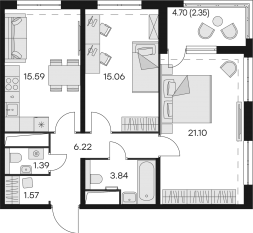 Апарт-комплекс «GloraX Заневский», планировка 2-комнатной квартиры, 69.00 м²