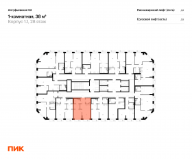 ЖК «Алтуфьевское 53», планировка 1-комнатной квартиры, 38.00 м²