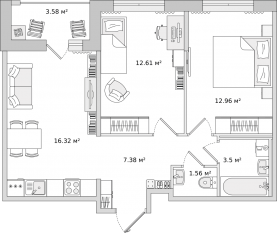 ЖК ЦДС «Dreamline», планировка 2-комнатной квартиры, 57.91 м²