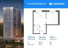 ЖК «Ольховый Квартал», планировка 1-комнатной квартиры, 33.50 м²