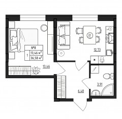 МЖК «Верево-Сити», планировка 1-комнатной квартиры, 36.58 м²