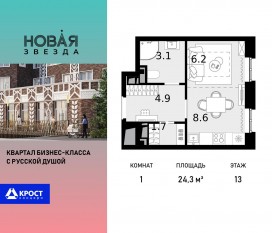 ЖК «Новая Звезда» (Газопровод), планировка 1-комнатной квартиры, 24.30 м²