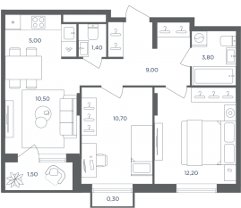МФК «Равновесие», планировка 3-комнатной квартиры, 52.00 м²