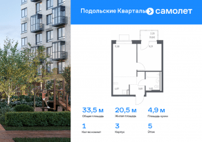 ЖК «Подольские Кварталы», планировка 1-комнатной квартиры, 33.53 м²