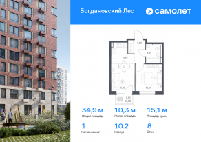 ЖК «Богдановский Лес», планировка 1-комнатной квартиры, 34.86 м²