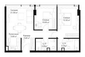 МФК «SLAVA», планировка 2-комнатной квартиры, 61.90 м²