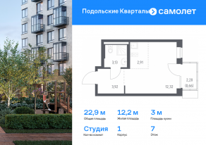 ЖК «Подольские Кварталы», планировка студии, 22.94 м²