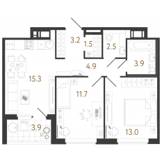 ЖК «Литера», планировка 2-комнатной квартиры, 56.00 м²