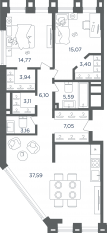 ЖК «Headliner», планировка 3-комнатной квартиры, 100.30 м²
