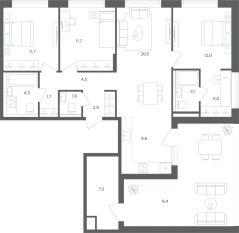 МФК «Равновесие», планировка 4-комнатной квартиры, 104.30 м²