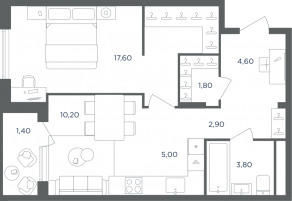 МФК «Равновесие», планировка 2-комнатной квартиры, 45.40 м²