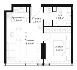 МФК «SLAVA», планировка 1-комнатной квартиры, 43.00 м²