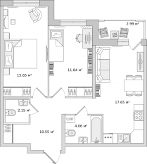 ЖК «Город Первых», планировка 2-комнатной квартиры, 61.20 м²