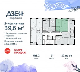 ЖК «Дзен-кварталы», планировка 2-комнатной квартиры, 39.60 м²
