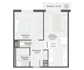 ЖК «Руднева, 15», планировка 1-комнатной квартиры, 44.20 м²