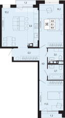 ЖК «Новая Щербинка», планировка 3-комнатной квартиры, 65.10 м²
