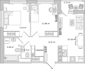ЖК «Parkolovo», планировка 2-комнатной квартиры, 55.70 м²