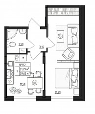 МЖК «Верево-Сити», планировка 1-комнатной квартиры, 39.63 м²