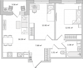 ЖК ЦДС «Dreamline», планировка 2-комнатной квартиры, 53.90 м²