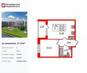 ЖК «Парадный ансамбль», планировка 1-комнатной квартиры, 32.25 м²