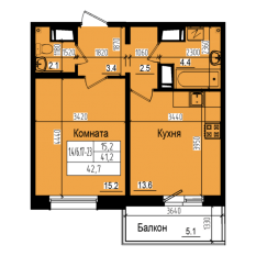 ЖК «Прагма City», планировка 1-комнатной квартиры, 42.70 м²