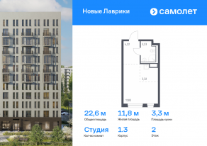 ЖК «Новые Лаврики», планировка студии, 22.60 м²