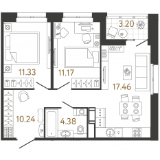 ЖК «Ultra City 3.0», планировка 2-комнатной квартиры, 54.58 м²