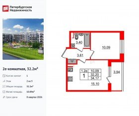 ЖК «Парадный ансамбль», планировка 1-комнатной квартиры, 32.20 м²