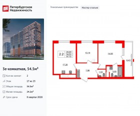 ЖК «Город звезд», планировка 2-комнатной квартиры, 54.50 м²