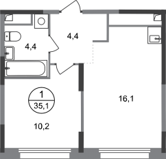 ЖК «Переделкино Ближнее», планировка 1-комнатной квартиры, 35.10 м²