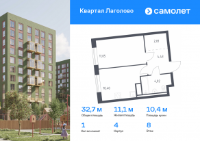 ЖК «Квартал Лаголово», планировка 1-комнатной квартиры, 32.71 м²