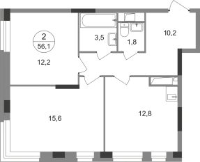 ЖК «Первый Московский», планировка 2-комнатной квартиры, 56.10 м²