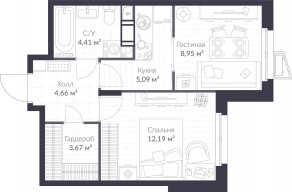 ЖК «Veren Nort сертолово», планировка 1-комнатной квартиры, 38.97 м²
