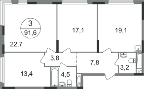 ЖК «Переделкино Ближнее», планировка 3-комнатной квартиры, 91.60 м²