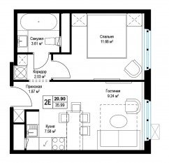 ЖК «Эко Видное 2.0», планировка 1-комнатной квартиры, 35.80 м²