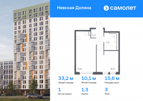 ЖК «Невская Долина», планировка 1-комнатной квартиры, 33.15 м²