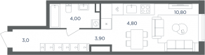 МФК «Равновесие», планировка 1-комнатной квартиры, 26.50 м²