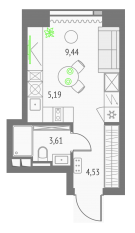 ЖК «Upside Towers», планировка студии, 22.77 м²